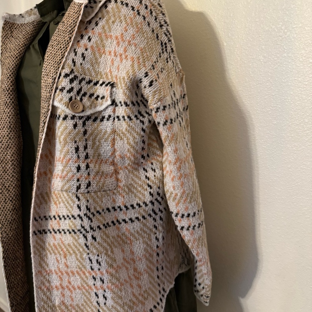 Plaid Women's Cardigan Sweater - Cream and Tan - Picture 11 of 15